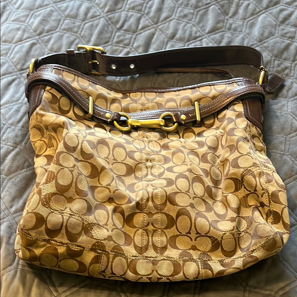 Coach Brown and Tan Signature Shoulder Bag